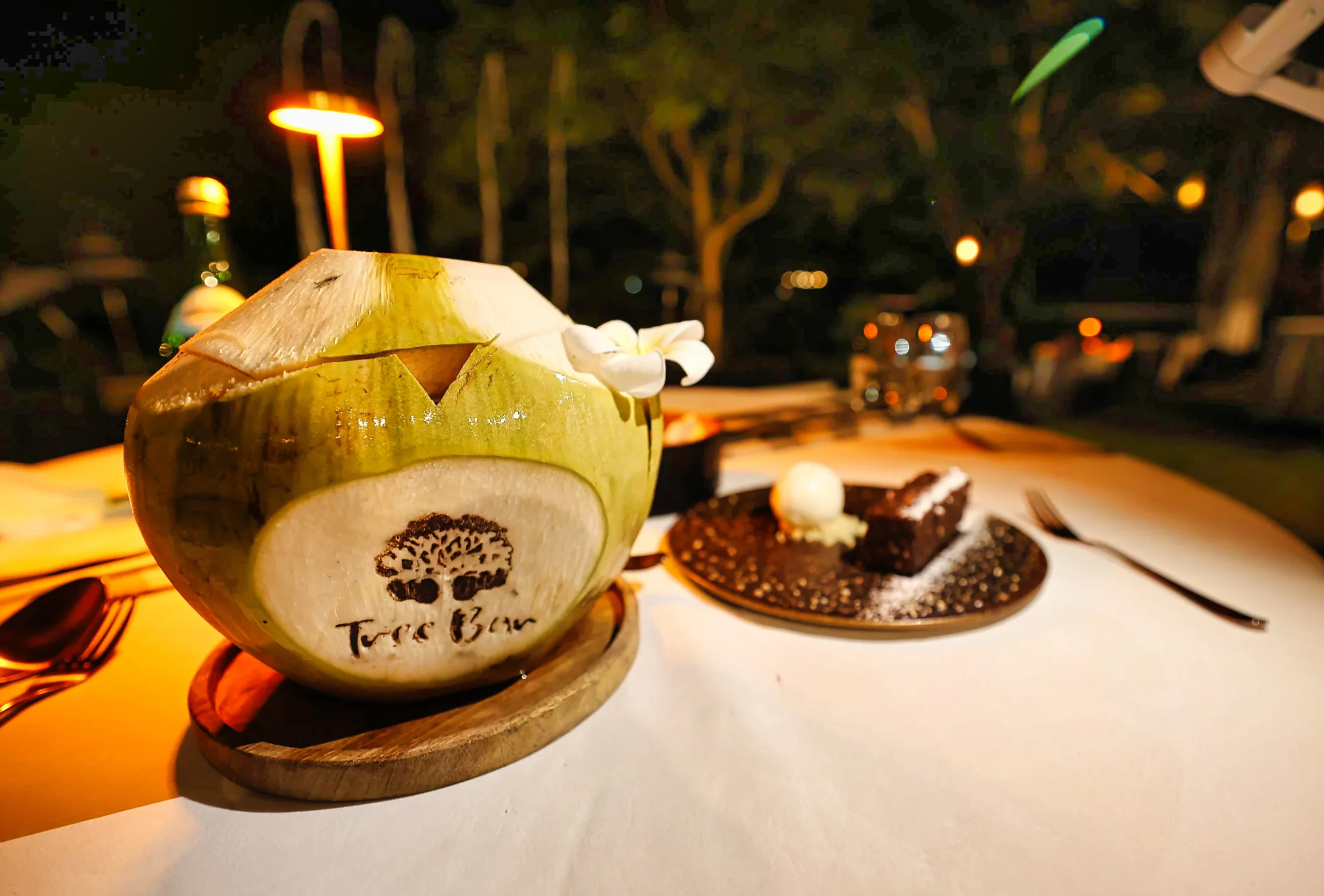 Young coconut and cheesecake dessert at Maya Ubud