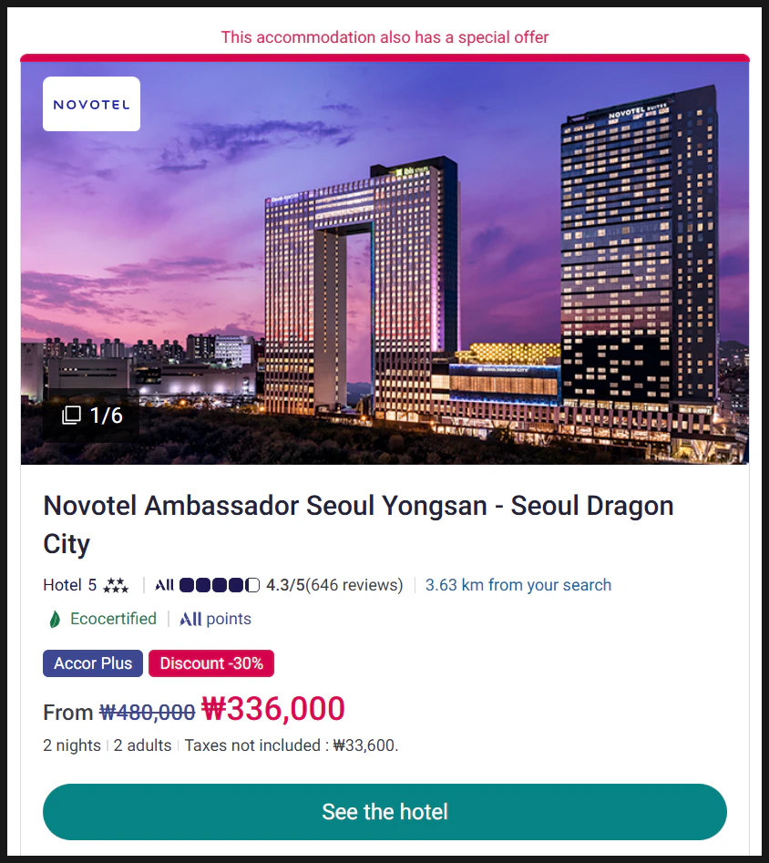 Hotel booking interface showing a discount