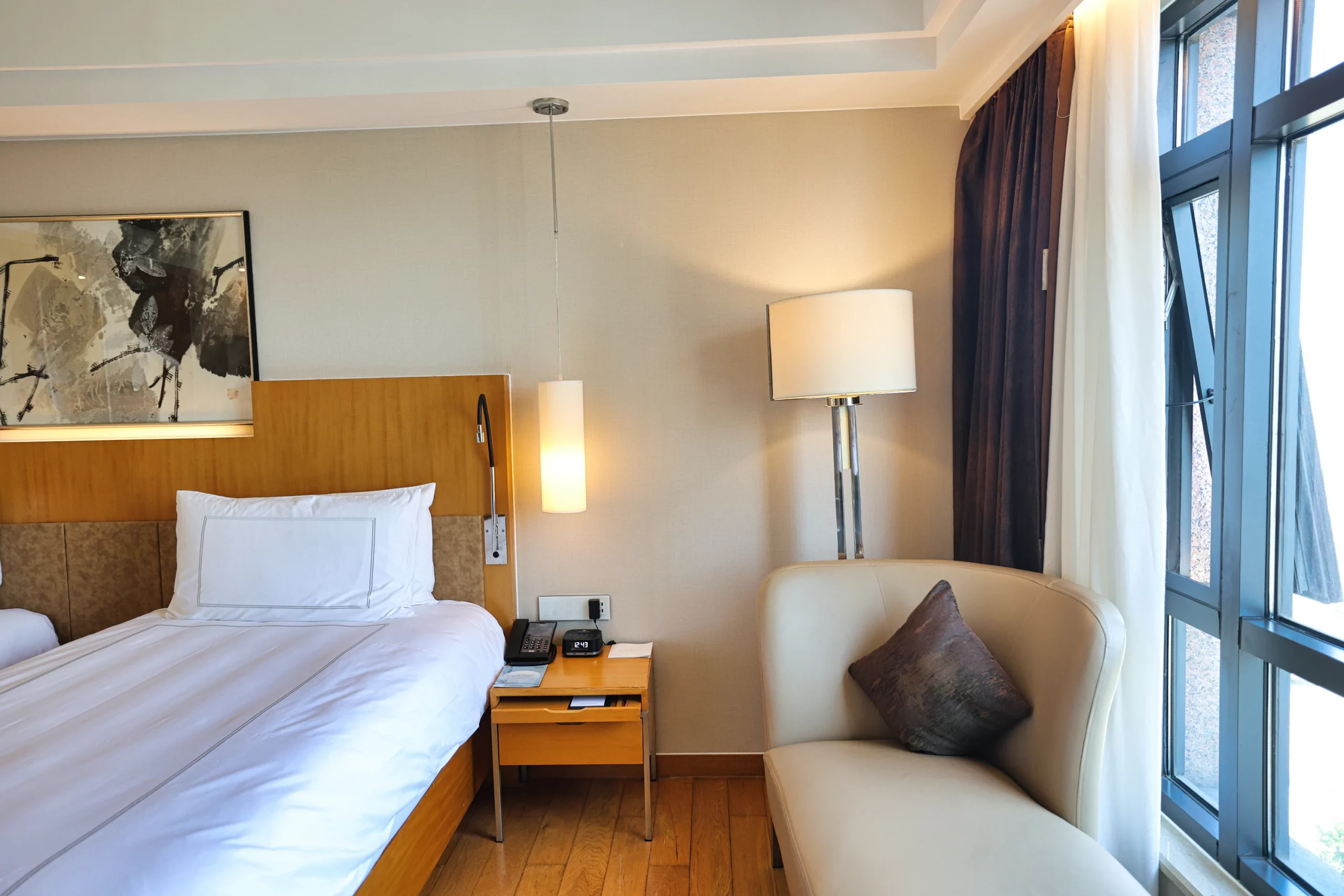 Cozy hotel room interior with wooden accents