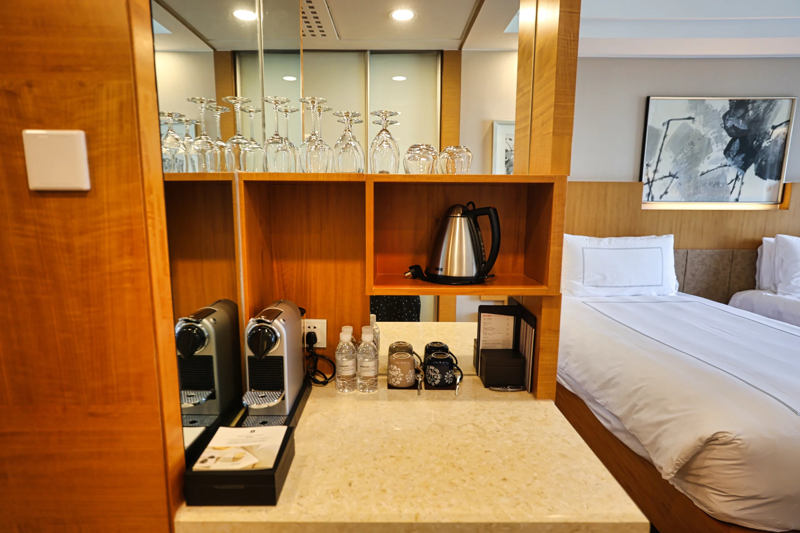 Hotel room amenities neatly arranged