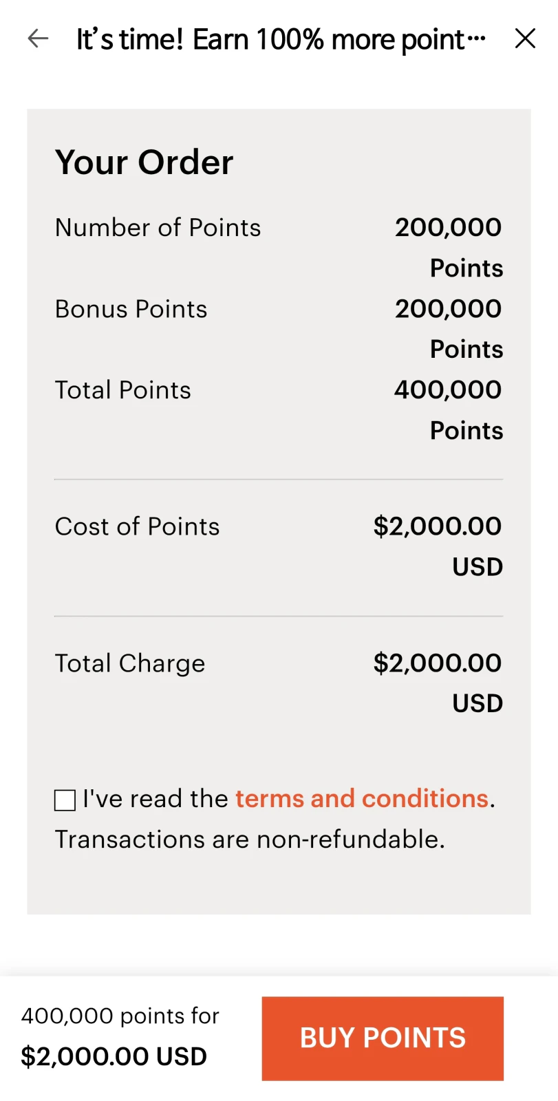 Cost per point with bonus promotion.