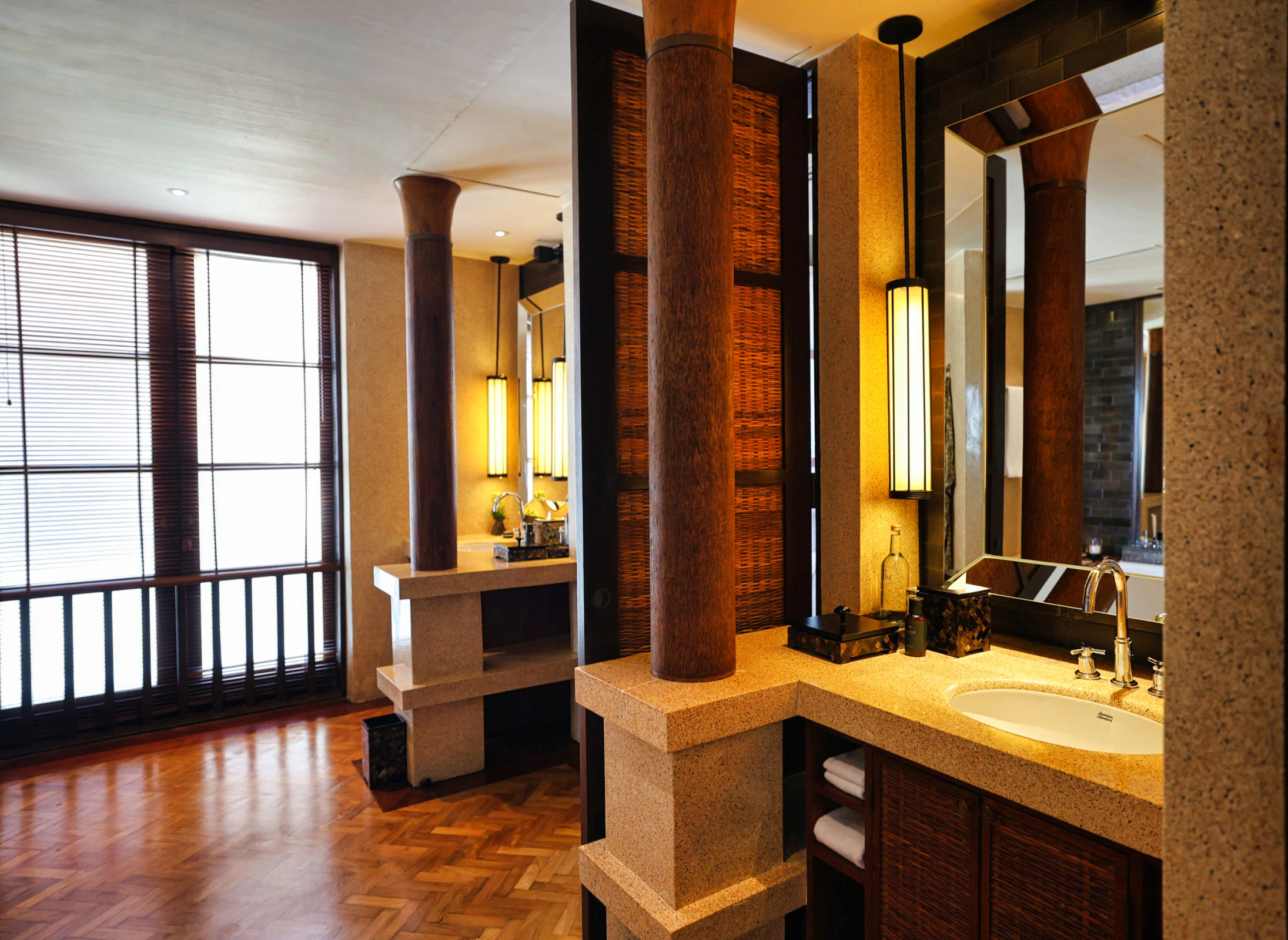 Spacious bathroom interior with double vanity sinks