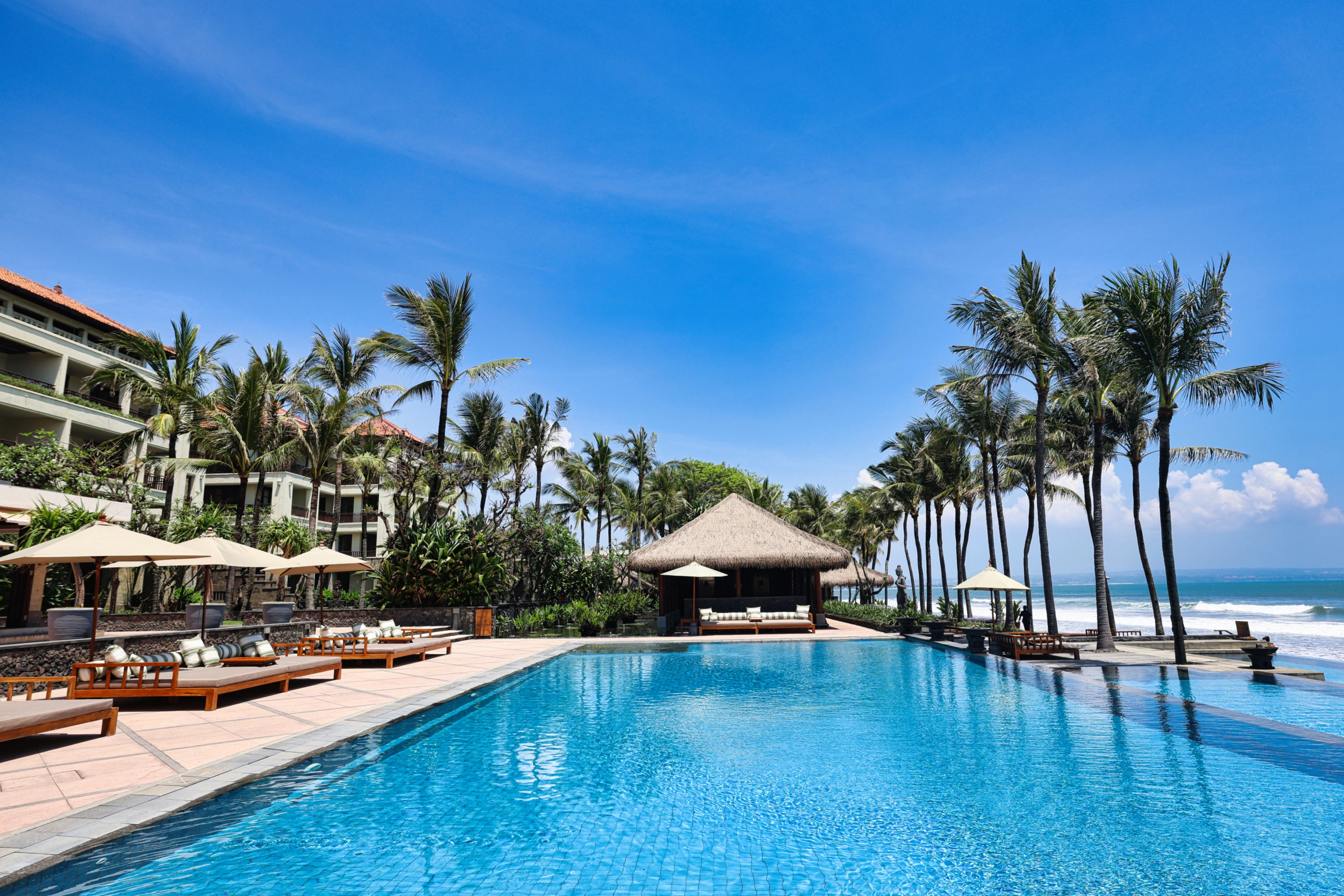 Luxurious sunbeds by the hotel pool area