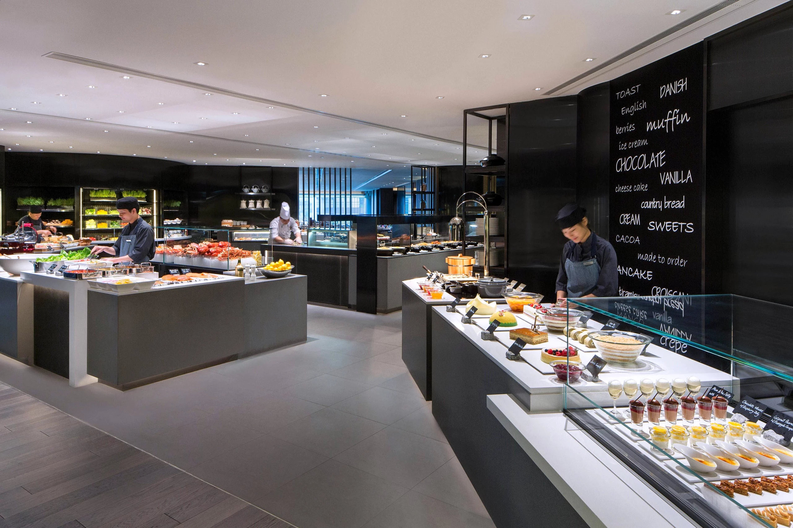Buffet at JW Café and dessert display at Dolce 88