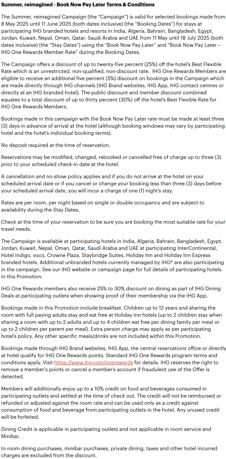 Details of offer conditions and policies