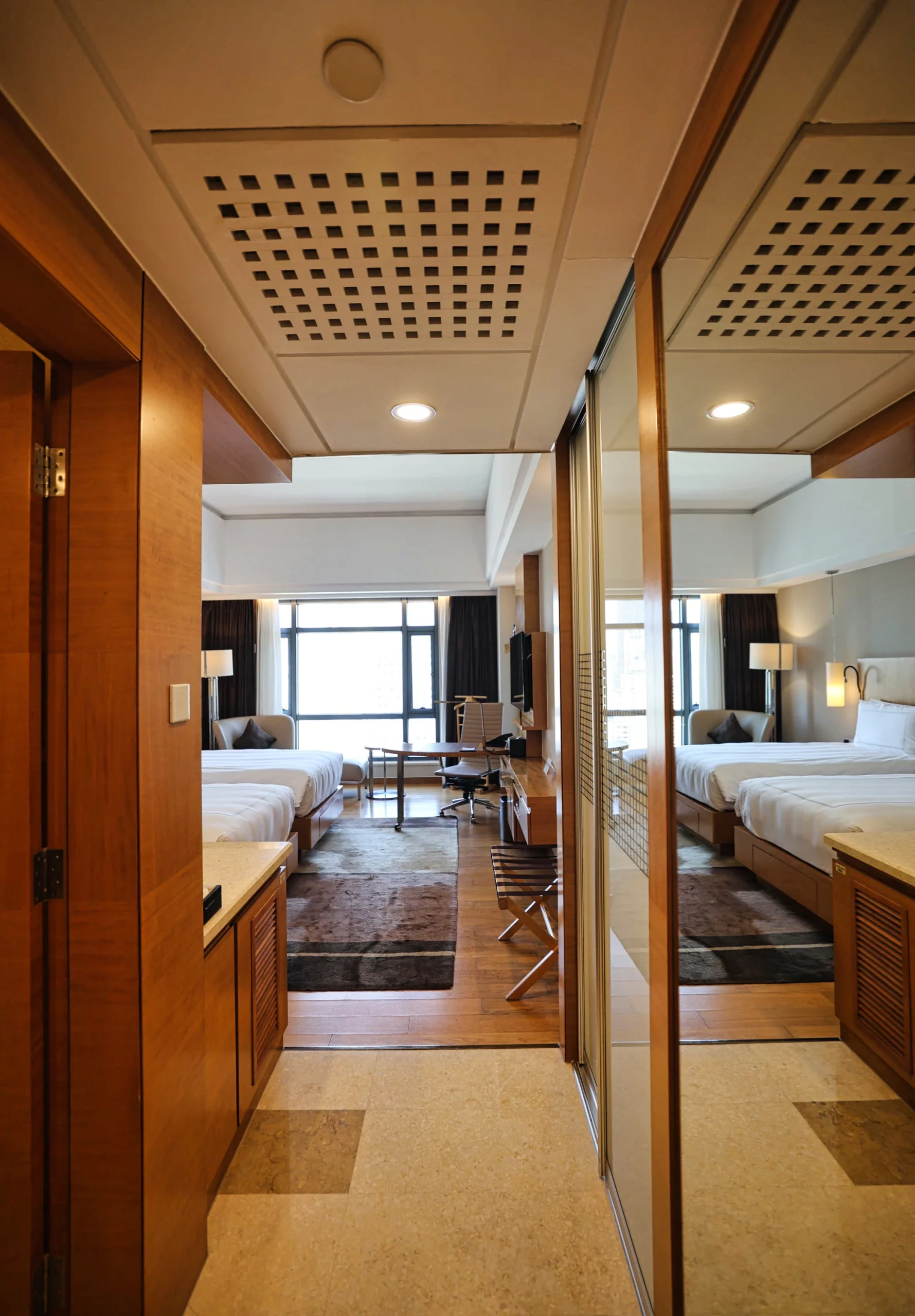 Cozy hotel room interior with wooden accents