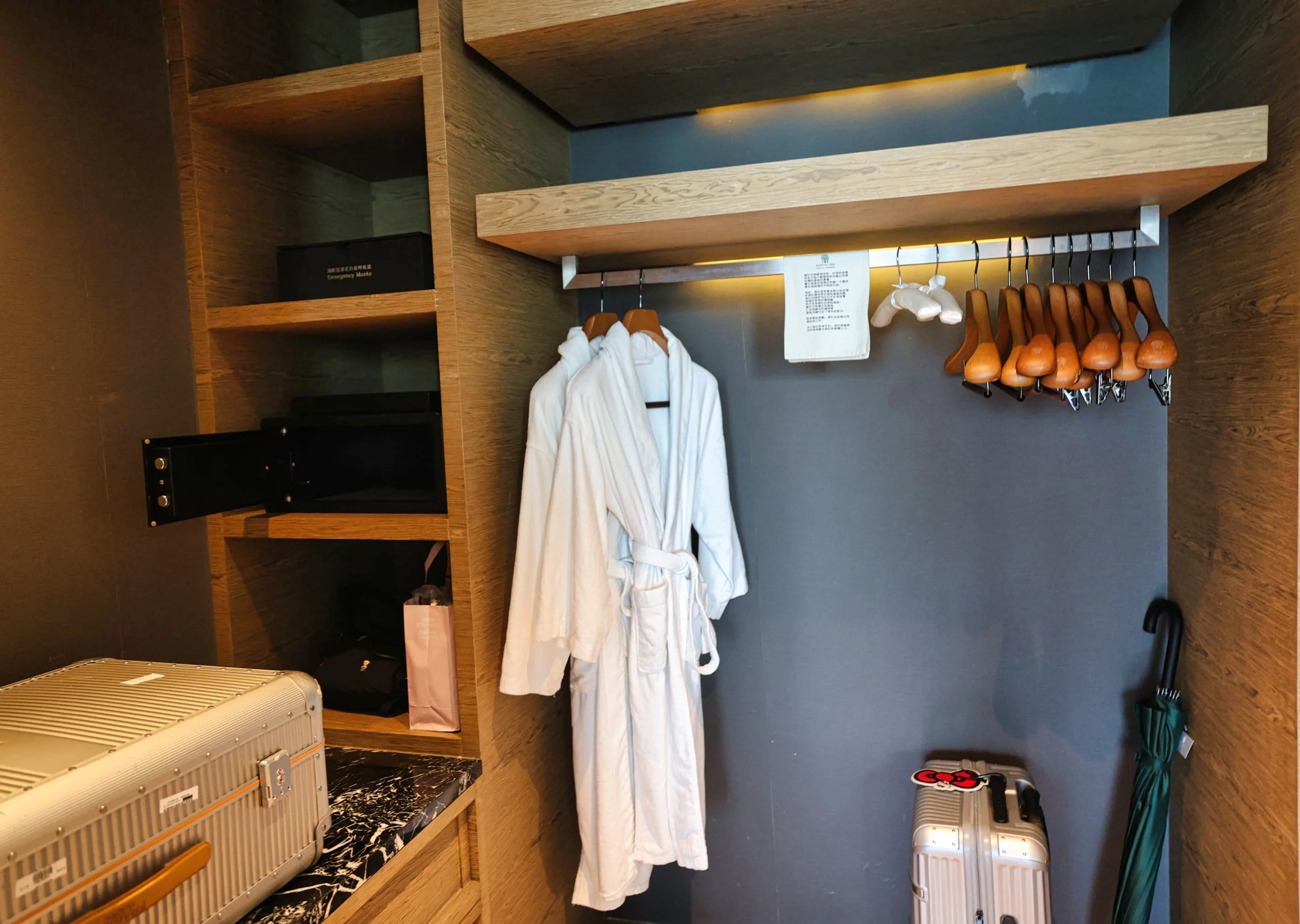 Spacious closet and luggage storage area in hotel room