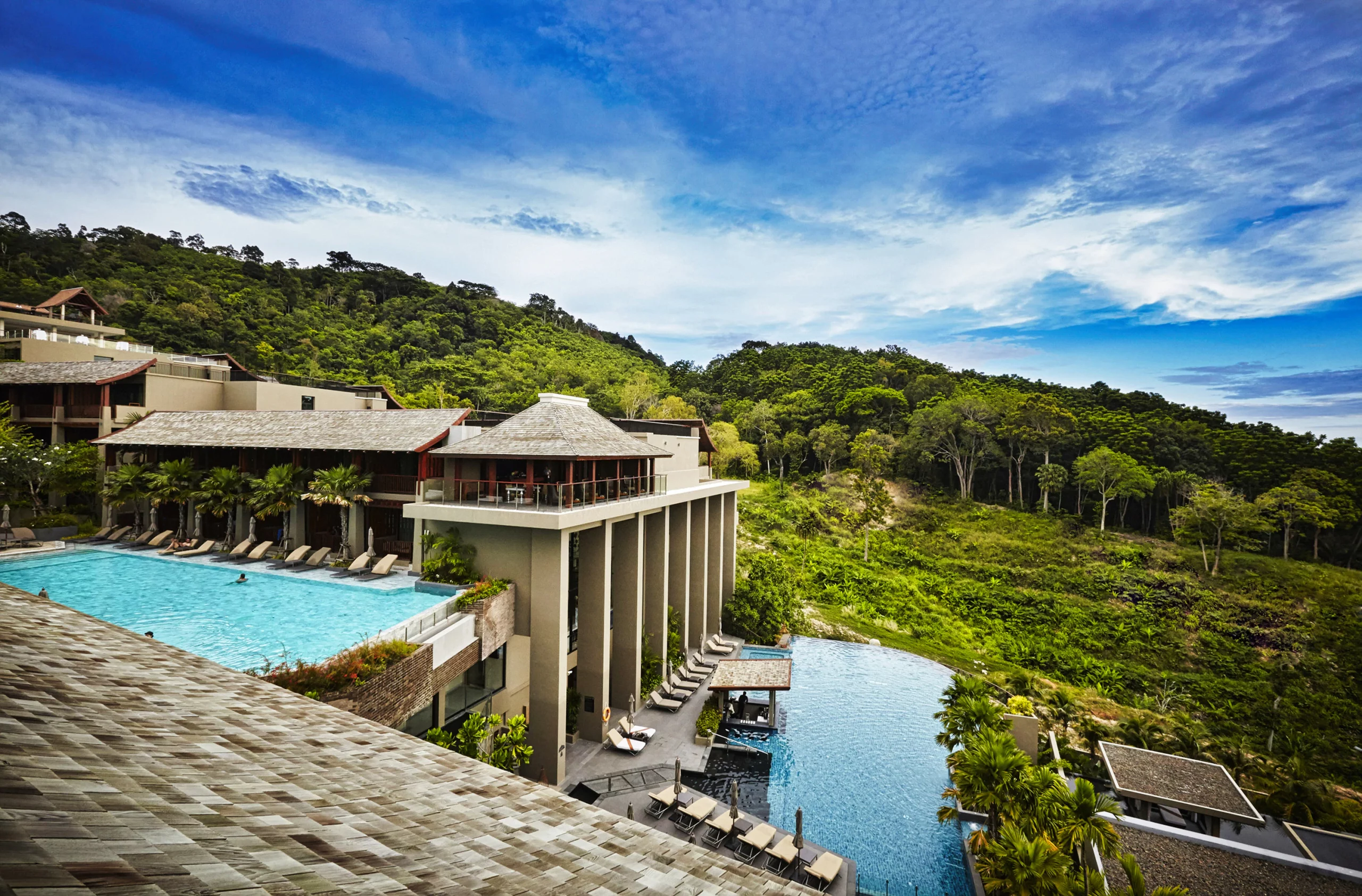 Panoramic view of a tropical luxury resort