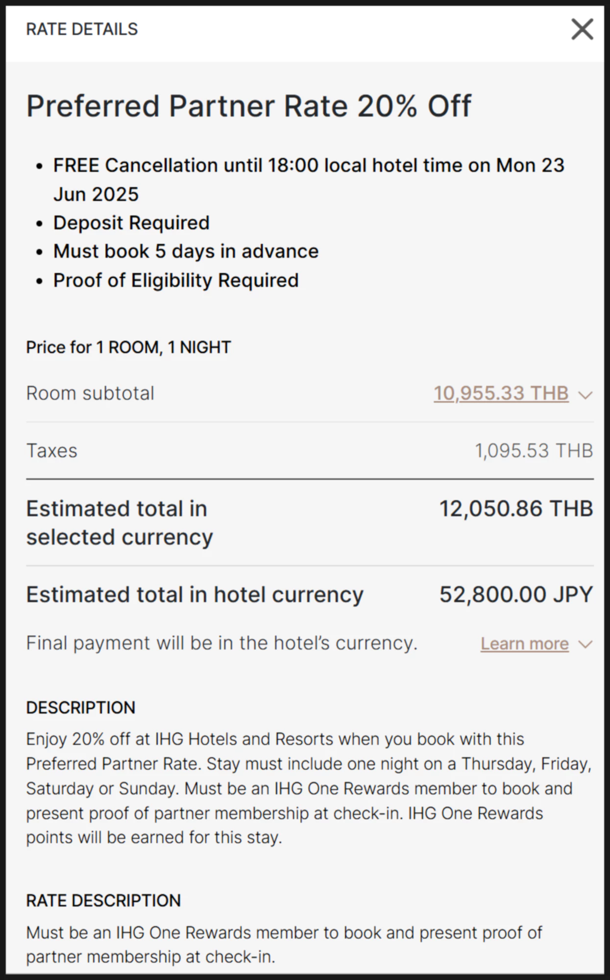 IHG Booking Rate Details