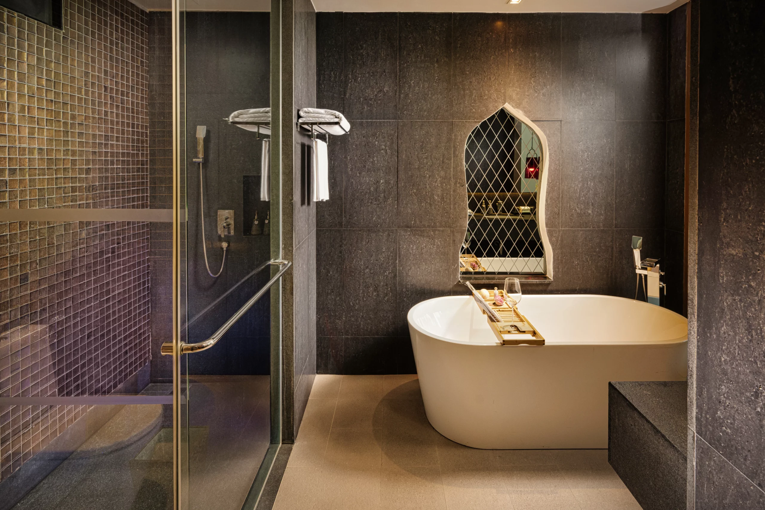 Spacious hotel room interior with Thai decor