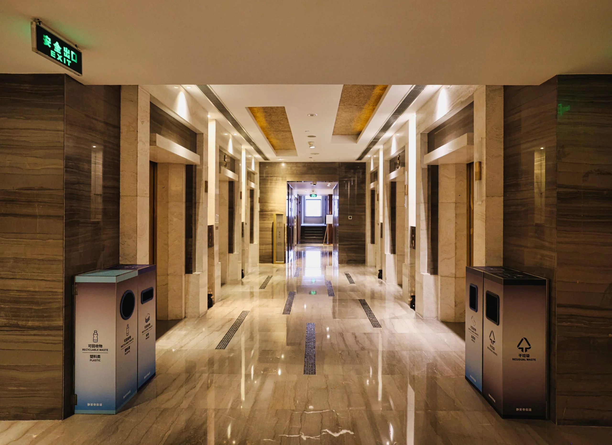 A view down a hotel hallway.