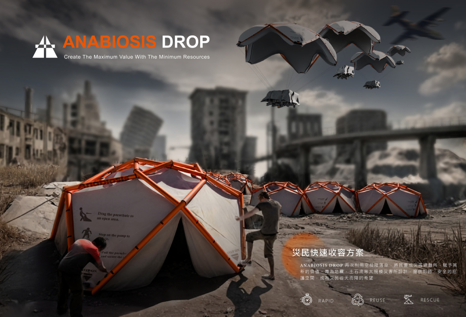 島嶼韌性設計獎-面對天災、災害或外部威脅時，提升社會系統韌性、維持正常運作、快速復原等，防衛韌性是台灣人必備的條件之一。鼓勵產品設計與社會設計作品，回應防衛韌性需求，為更安全、穩定的未來社會提出創新解方。 ※ 不分領域