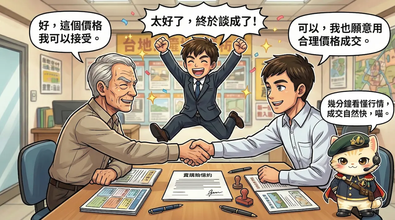 喵將軍專欄第 2 話第 6 張漫畫：靠著愛台灣，順利成交，仲介爽到飛起來。