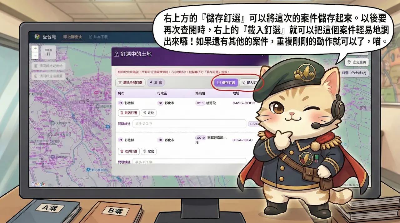 喵將軍專欄第 3 話第 5 張漫畫：儲存/載入釘選，再次查找案件變得更方便。