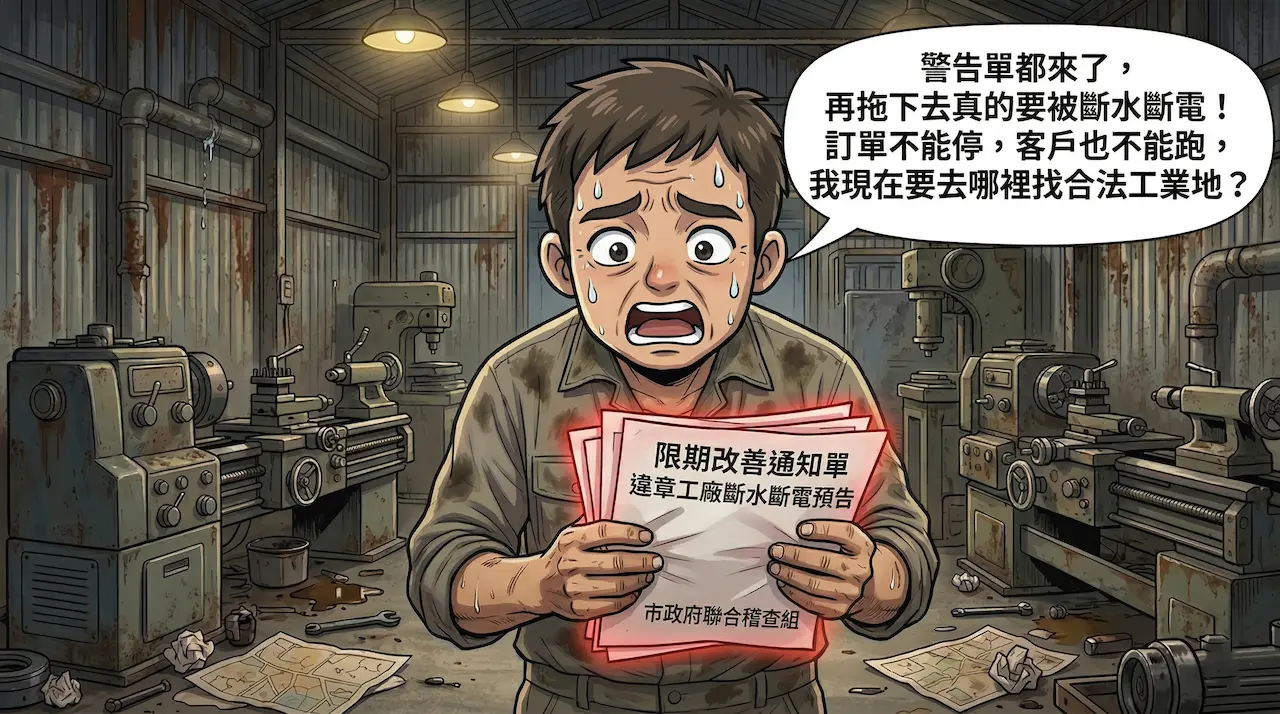 限期改善通知一來，違章工廠最急的問題，就是趕快找到合法工業地。