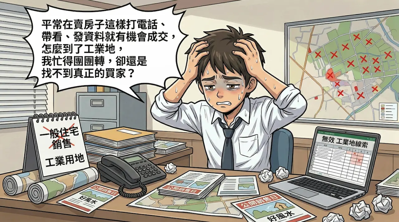 用賣住宅的方式找工業地買家，方向一開始就錯了，忙了半天也很難找到真正有需求的人。