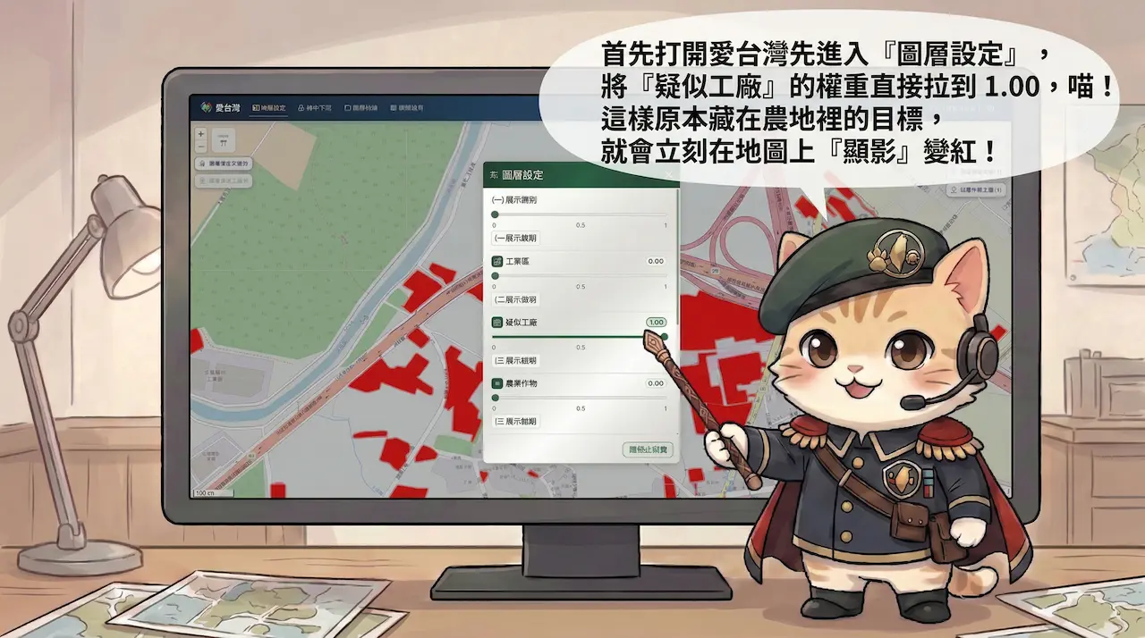 用『愛台灣』的圖層設定顯示「疑似工廠」，能更快從地圖上整理可能的工業地需求位置。