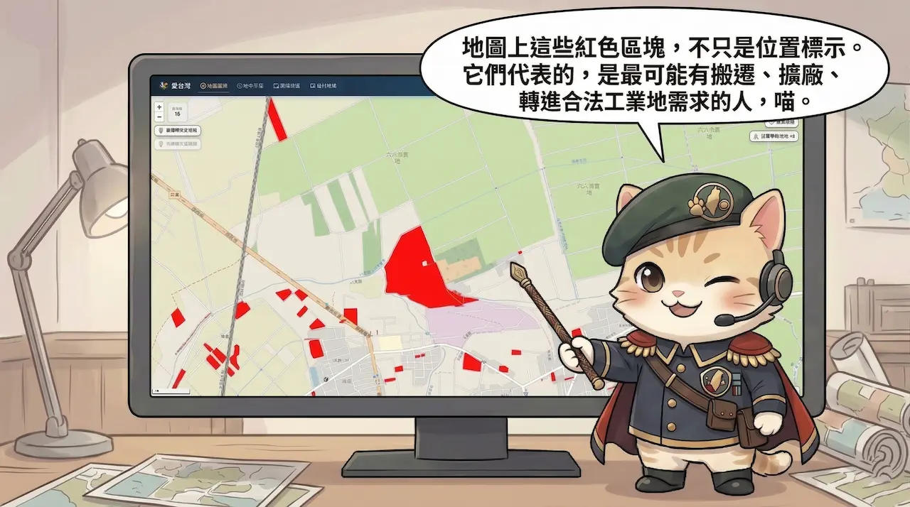 地圖上的紅色區塊，不只是位置，更是潛在合法工業地需求的線索。