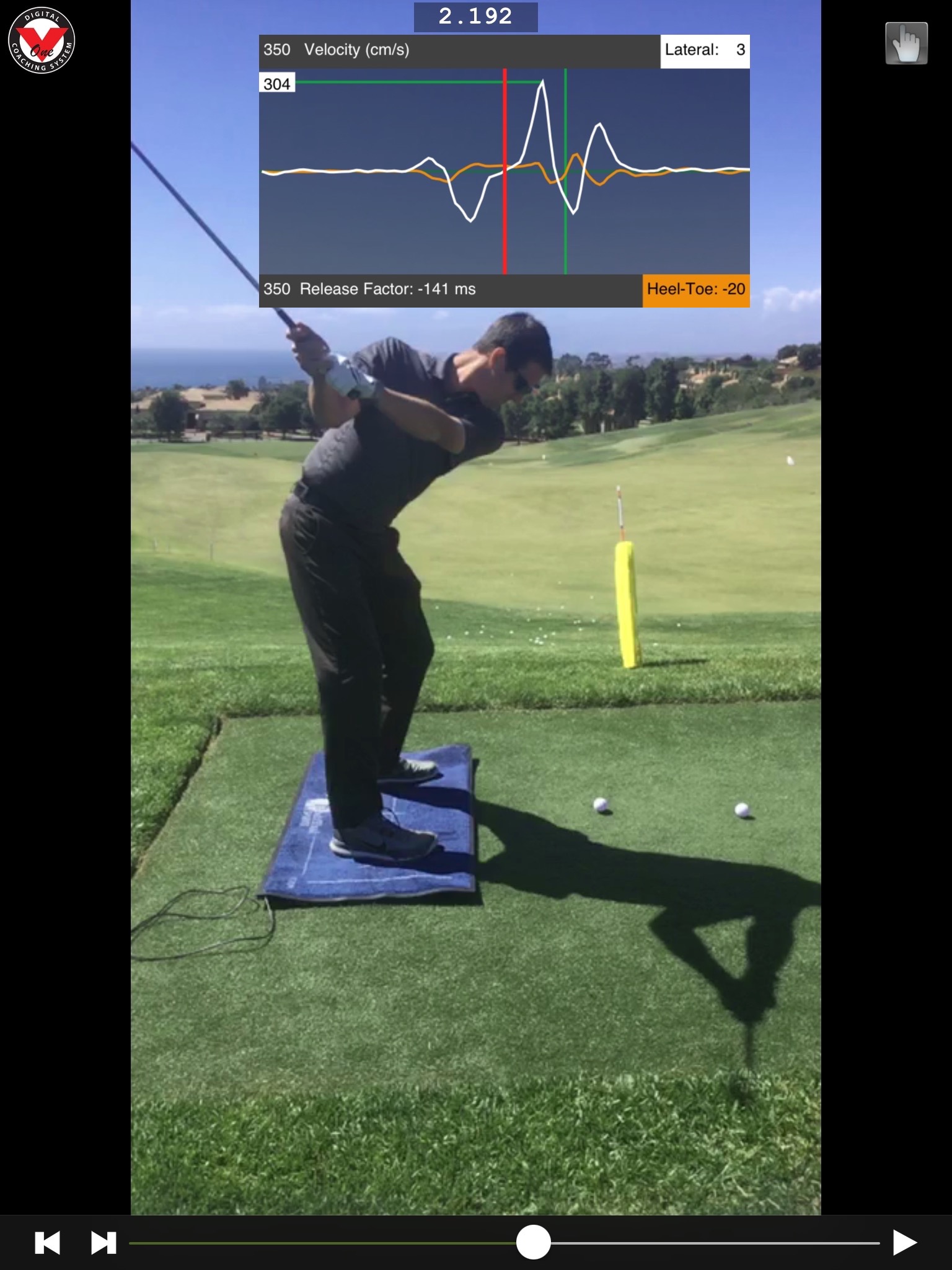 This golfer's COP is starting to move toward the target just after his left arm is parallel to the ground. Note the white Box labeled "lateral" in the top right corner has a "3," signifying a motion towards the target.