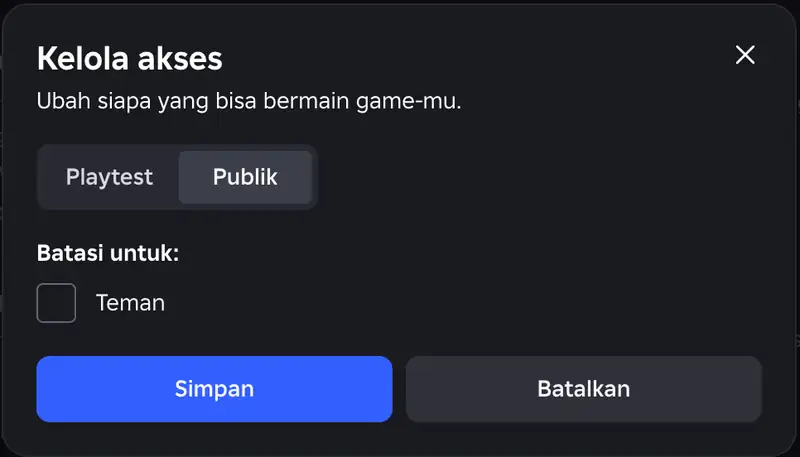 Pilihan Publik di Kelola akses Roblox Creator Hub