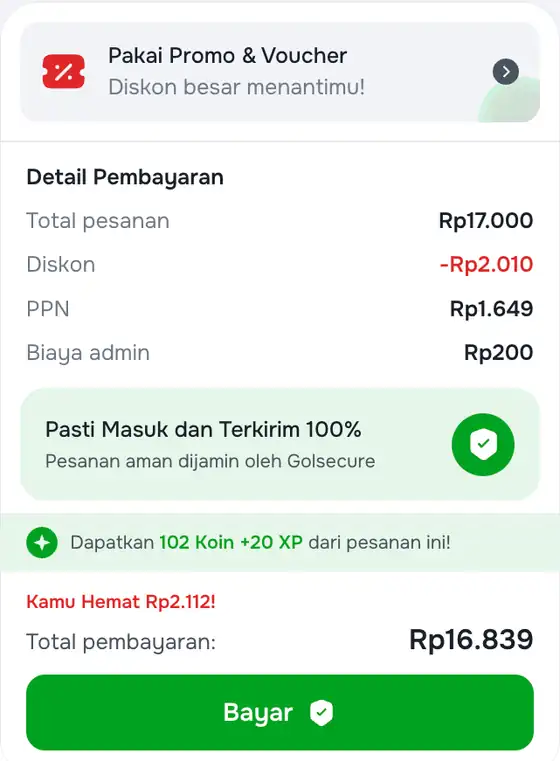 Detail Pembayaran berisi PPN dan biaya admin di checkout Golrox