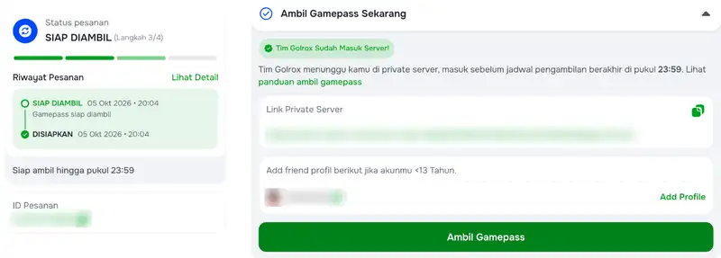 Status Ready for Pickup and Pick Up Gamepass button on the order page
