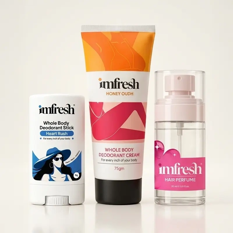 imfresh Whole Body Deo Kit (Honey oudh Cream + Heart Rush Deostick + Hair Perfume)