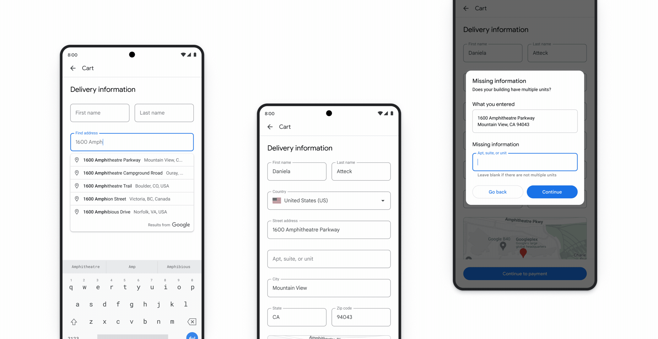 Three phone screens showing the Autocomplete for addresses UI. 