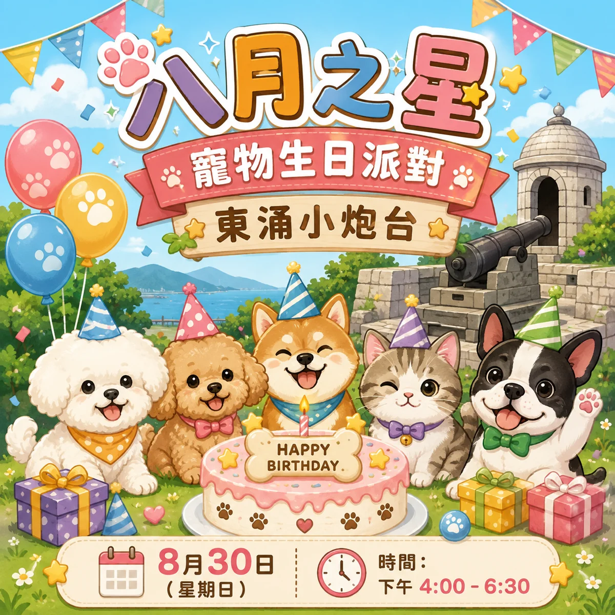 🎂 八月之星寵物生日派對｜東涌小炮台公園大草地一齊慶祝！
