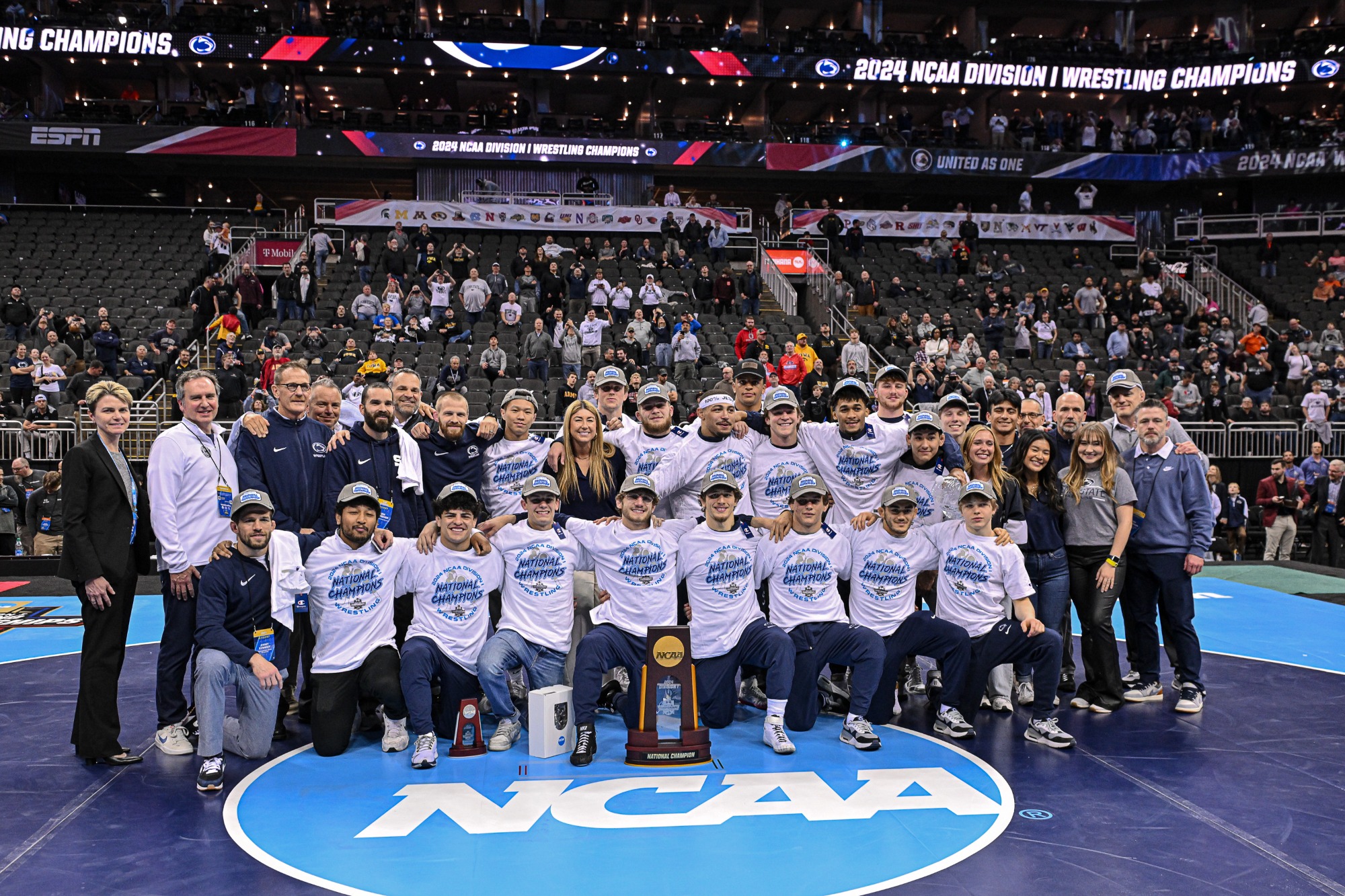 The 2023-24 Nittany Lion wrestling team clinched their 11th team National Championship under head coach Cael Sanderson at Kansas City's T-Mobile Center on Saturday March 23, 2024.Photo by Mark Selders
