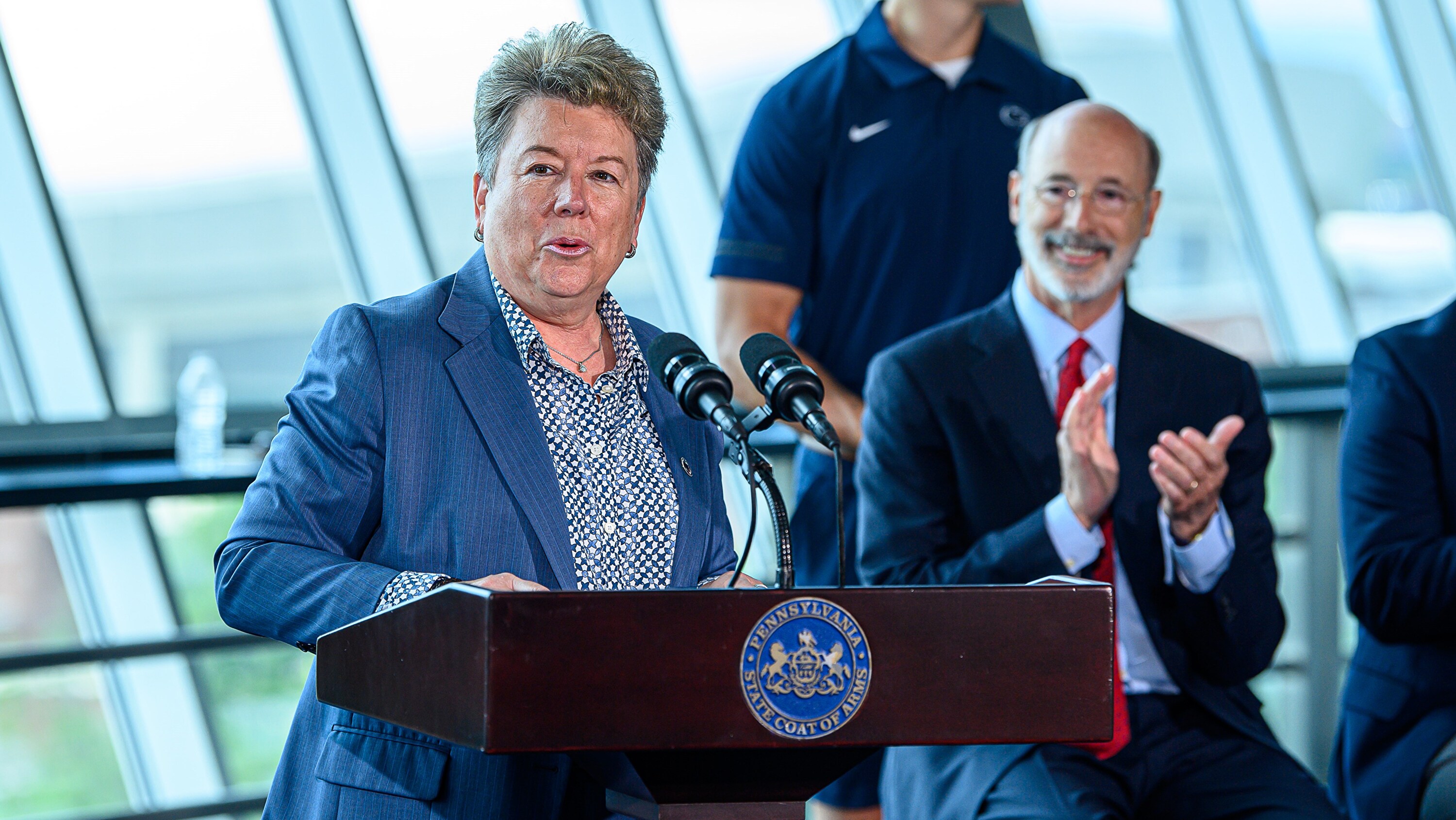 Vice President for Intercollegiate Athletics Sandy Barbour along with Pa.Gov. Tom Wolf joined Penn State athletes and lawmakers in Beaver Stadium on July 12, 2021 to discuss the signing of Act 26, permitting collegiate athletes to receive compensation through endorsements and sponsorships from their name, image and likeness while still competing. Photo by Mark Selders