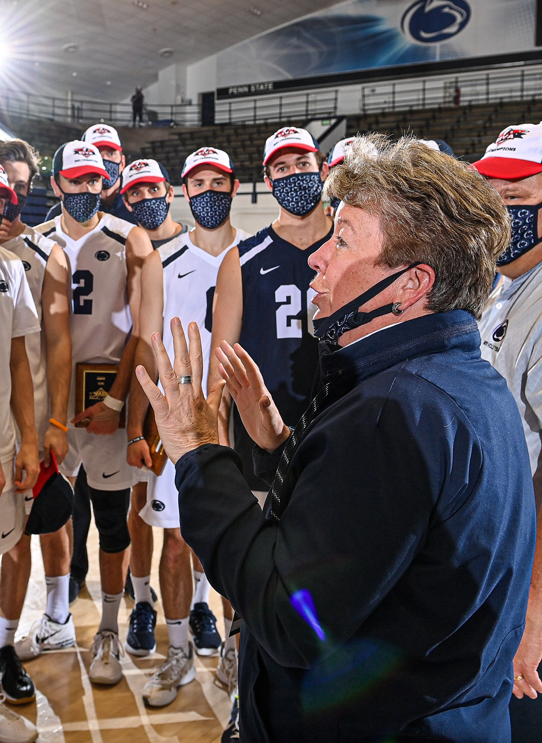 Penn State Vice President for Intercollegiate Athletics Sandy Barbour congratulates the team after the Nittany Lions defeated George Mason, 3-1 to become the 2021 EIVA Tournament Champions on Saturday night April 24, 2021 in Rec Hall.Photo by Mark Selders