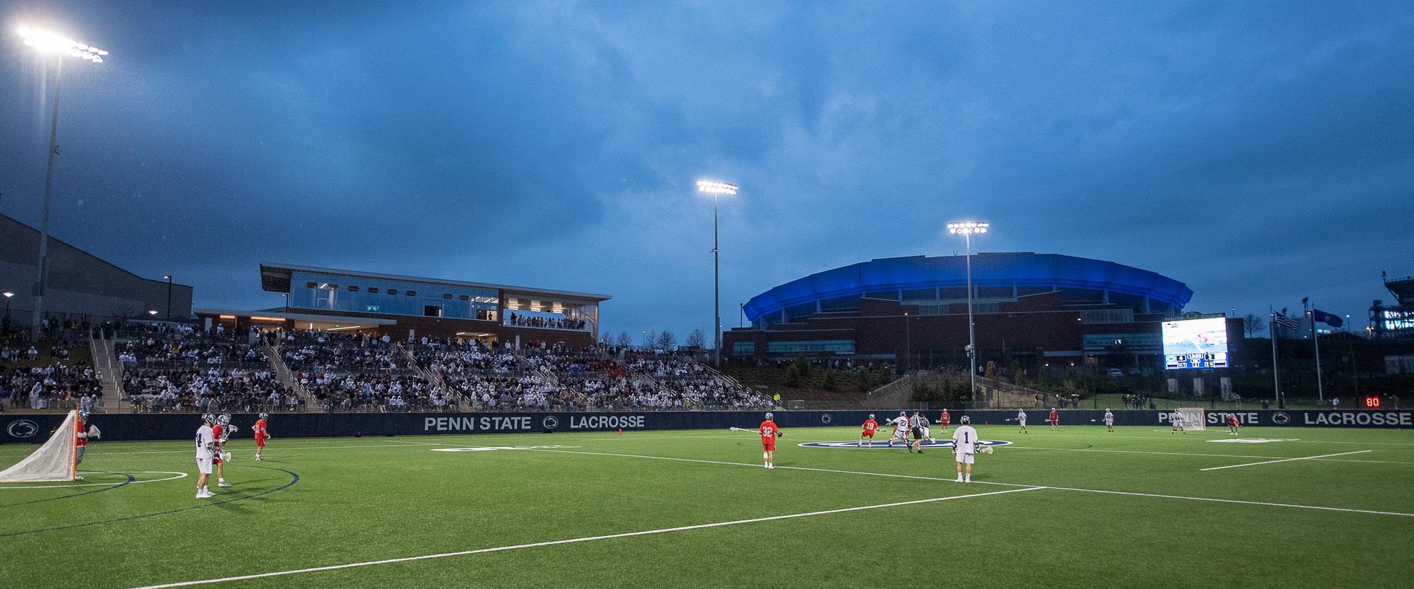 The No. 1 Penn State mens lacrosse team walked away with a 13-8 victory over No. 7 Ohio State in front of a record crowd on rainy Sunday night April 7, 2019 at Panzer Stadium. Photo by Mark Selders