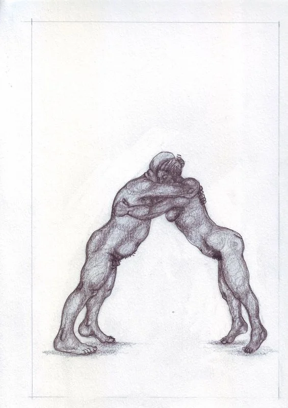 Two figures leaning into each other with legs braced apart.