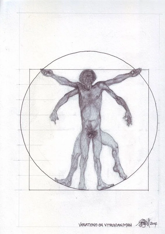 A human figure with repeated limbs within a circle and square.