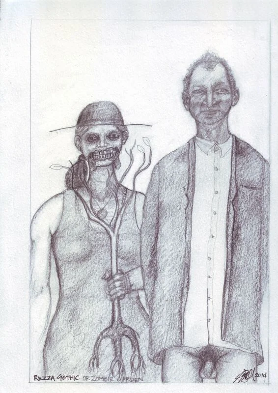Two standing figures side by side, drawn in fine lines.