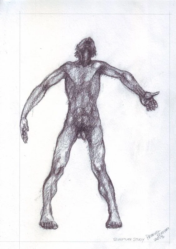 A standing figure with arms extended and visible torso construction lines.