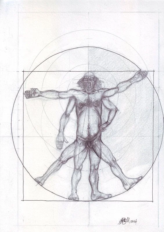 A figure with repeated arms and legs within circular construction lines.