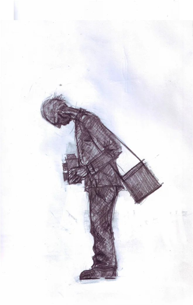A small bent figure carrying a rectangular case, drawn on pale paper.