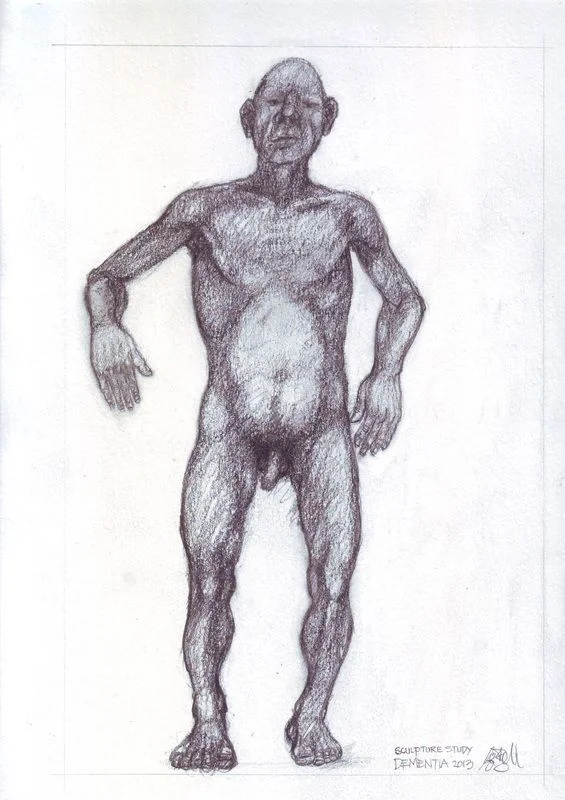 A standing figure with hands held near the waist.