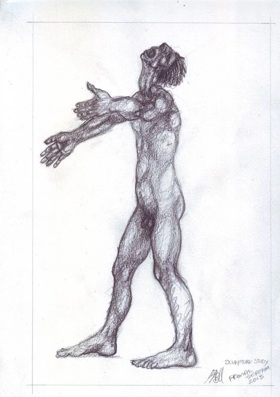 A figure in profile, head raised and hands extended.