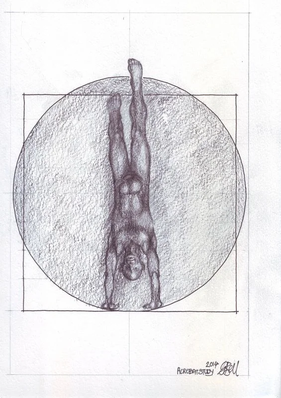 A narrow standing figure within a shaded circle and rectangle.