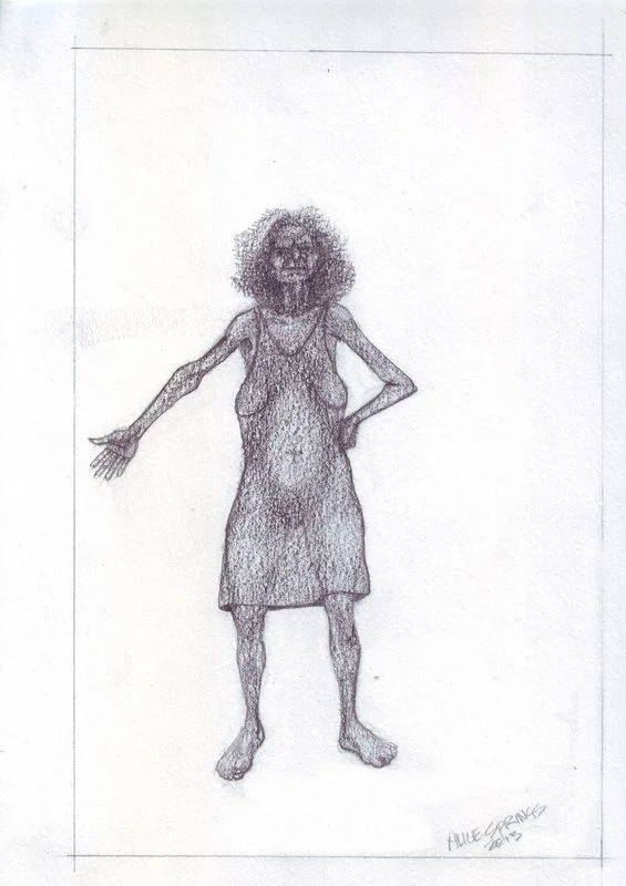 A standing figure in a dress, drawn with repeated lines on pale paper.