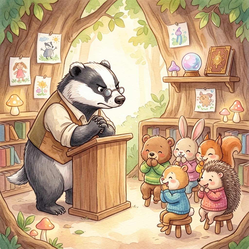 Illustration for The Wizard Who Couldn't Stop Giggling: His teacher was a very serious, grumpy badger named Professor Grumbles. 'Wizards…