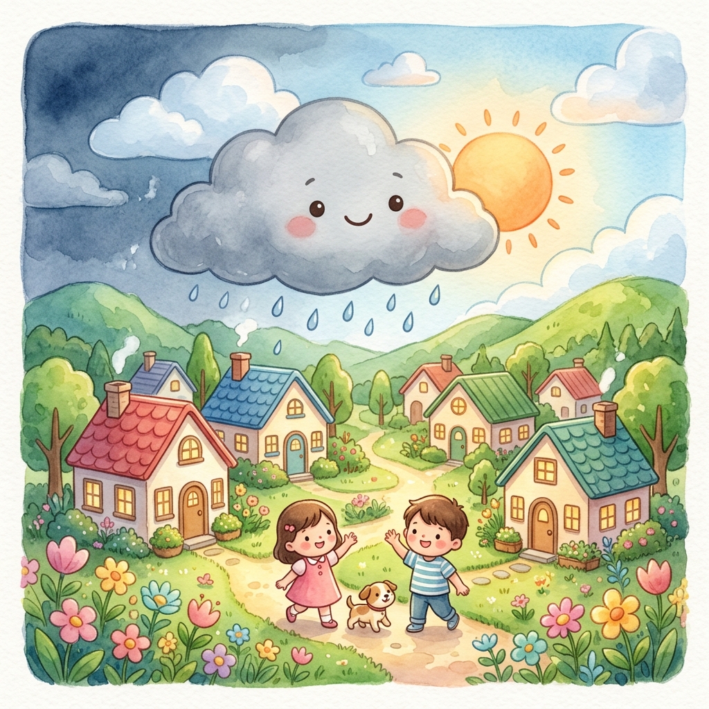 Illustration for The Wizard Who Couldn't Stop Giggling: One day, a big, sad, grey cloud came and parked itself right over the village. I…