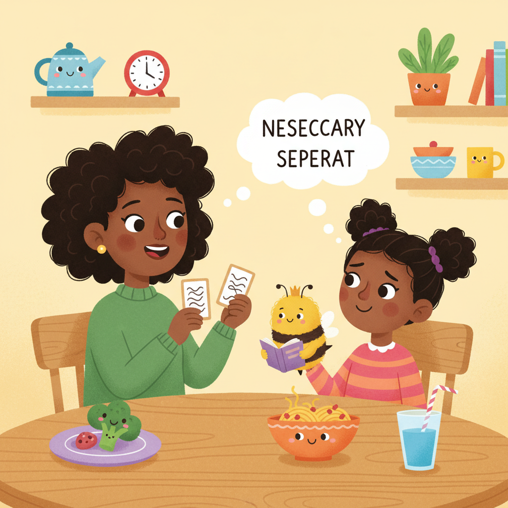 Illustration for The Spelling Bee: Mom quizzed her at dinner every night. Iris got most of them right, but two word…