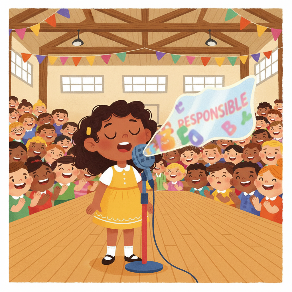 Illustration for The Spelling Bee: The gym was full. Iris stood at the microphone and got the word responsible. She…