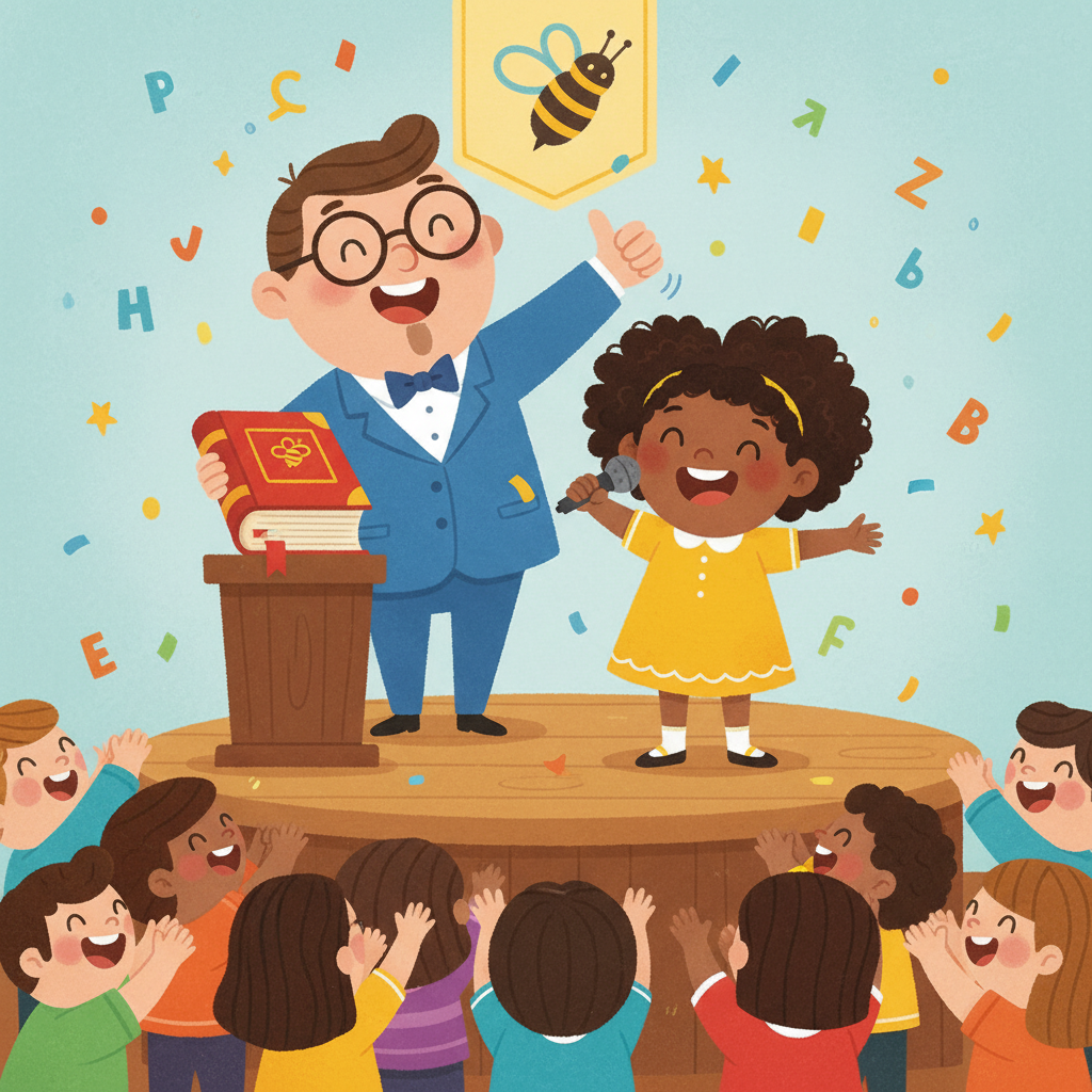 Illustration for The Spelling Bee: N-E-C-E-S-S-A-R-Y, she said, loud and clear. The audience applauded. The judge s…