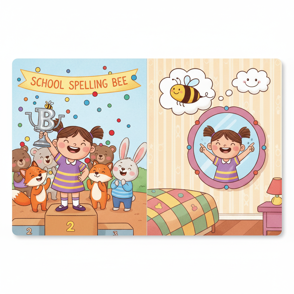 Illustration for The Spelling Bee: She won the school spelling bee and got a silver trophy. But the best part was s…