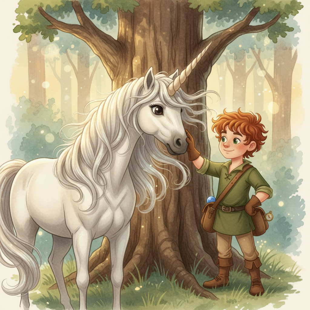 Illustration for The Brave Little Tailor: With the Wild Unicorn's horn firmly stuck in the oak tree, Finn gently stroked i…